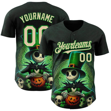 Maxcorners Custom Black City Cream-Grass Green 3D Halloween Spooky Pumpkin Authentic Baseball Jersey LM2605