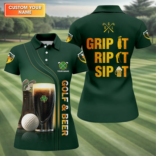 Maxcorners Grip It Rip It Sip It Golf And Beer St Patrick's Day Green Women's Golf Tops, Ladies Golf Polos
