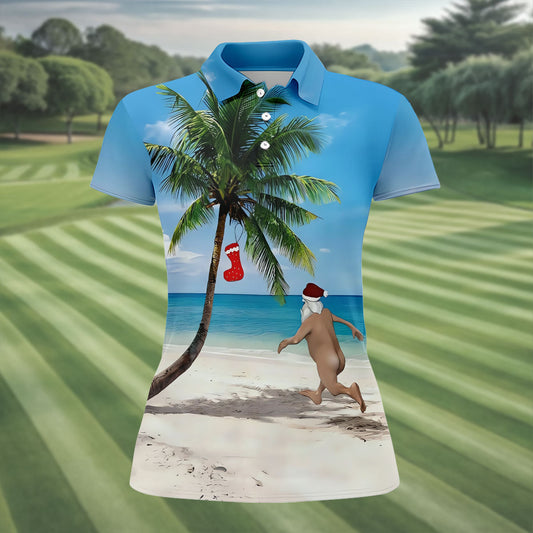 Maxcorners Funny Santa Running On Tropical Beach Christmas Golf Shirt, Women's Golf Tops, Golf Shirts For Women LM1507
