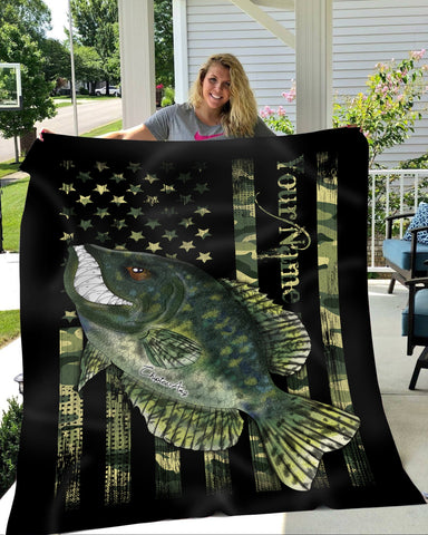 Maxcorners Crappie fishing American flag camo black angry crappie fish ChipteeAmz's art custom throw fleece blanket