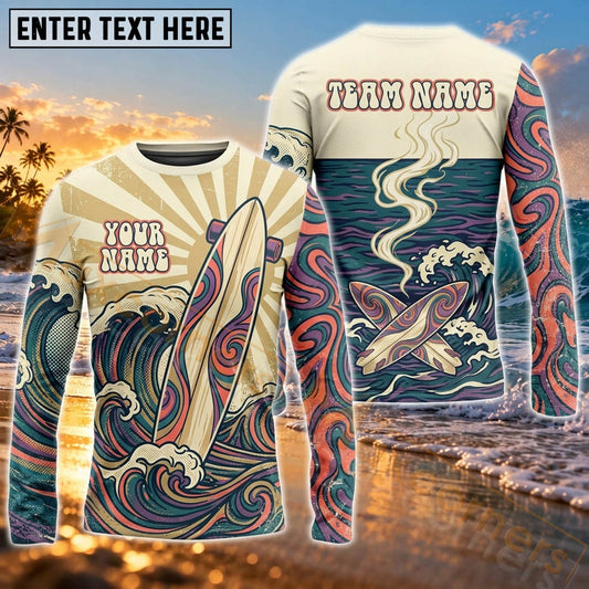 Maxcorners Surfboard Shirt Vintage Nautical Wave Art Customized Name, Team Name 3D Long Sleeve Shirt