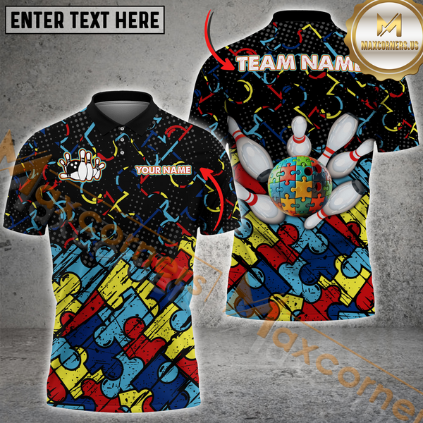 Maxcorners Bowling Vibrant Puzzle Pattern Customized Name, Team Name 3D Shirt