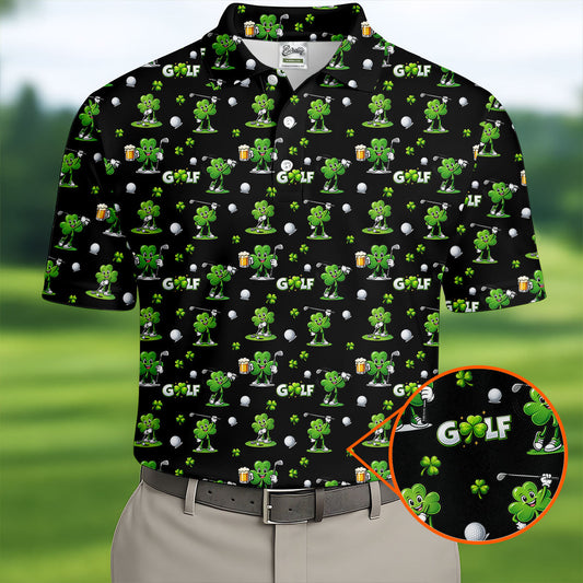 Maxcorners Three Leaf Clover Golf And Beer St Patrick's Day Black Golf Shirt, Fun Golf Shirts For Men, Polo Shirts For Men