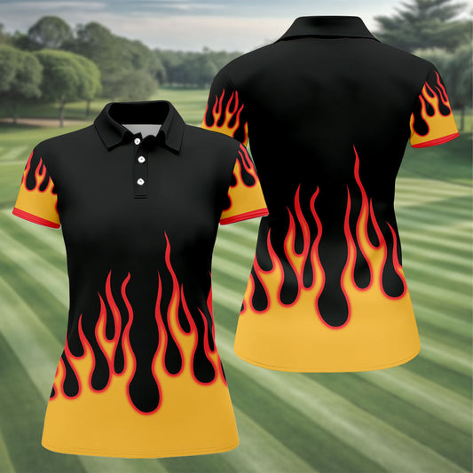 Maxcorners Retro Flame Fire Pattern Golf Shirt, Women's Golf Shirt, Hawaiian Golf Shirt LM1507