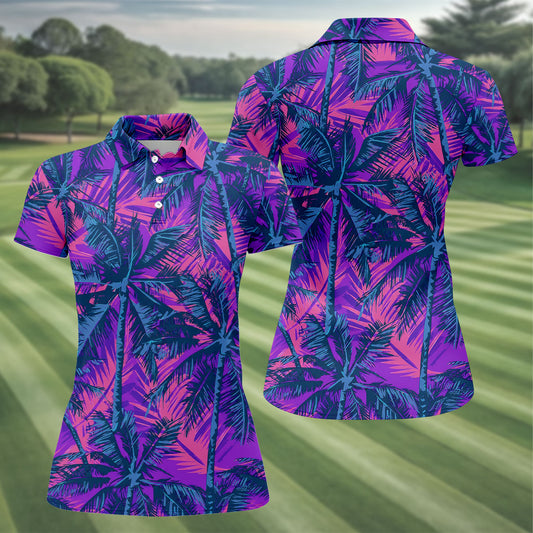 Maxcorners Purple Pink Tropical Palm Trees Golf Shirt, Golf Polo For Women, Printed Golf Shirt LM1507