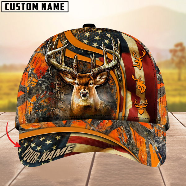 Maxcorners USA Flag Deer Hunting Camouflage Pattern Multicolor Personalized Name 3D Cap