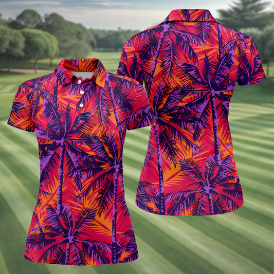 Maxcorners Purple Palm Tree Tropical Island Golf Shirt, Golf Polo For Women, Printed Golf Shirt LM1507