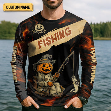 Maxcorners Pumpkin Fishing SPF Shirt, Halloween Fishing Men Jersey, Funny Fishing Shirt, Presents For Fishermen