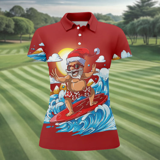 Maxcorners Women's Funny Santa Surfing Golf Shirt, Christmas Golf Shirt, Women’s Golf Apparel LM1507