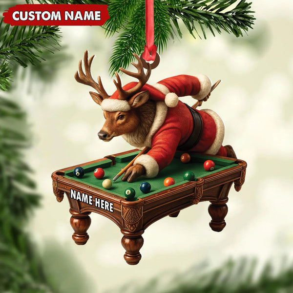 Maxcorners Personalized Acrylic Deer Christmas Ornament - Funny Buck Playing Pool in Santa Outfit Holiday Decor LM0110