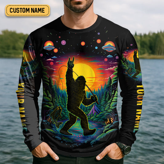 Maxcorners Gone Squatchin And Catching Alien Bigfoot Funny Fishing Shirt, SPF Shirt For Men, Fishing Shirts For Men