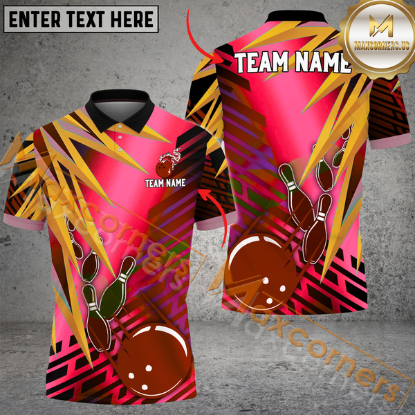 Maxcorners Bowling Ball & Pins Ice Break Multicolor Option Customized Name, Team Name 3D Polo Shirt