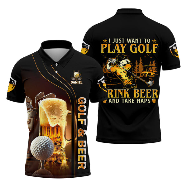 Maxcorners I Just Wanna Play Golf And Drink Beer Custom Golf Polo Shirt, Mens Golf Gift, Golf Lover Gift