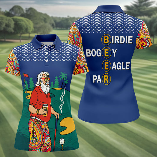 Maxcorners Funny Retro Golfer Drinking Beer Paisley Polo Shirt, Golf Shirts For Women, Women’s Golf Apparel LM1507