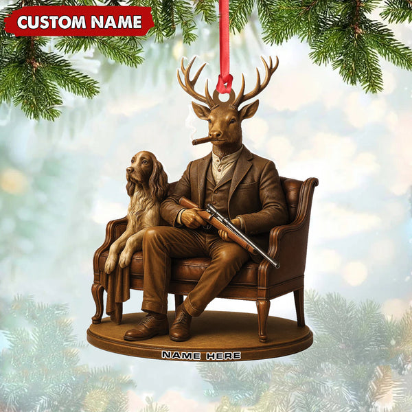 Maxcorners Personalized Acrylic Deer Christmas Ornament - Elegant Hunter Buck with Dog Holding Rifle Holiday Decor LM0411