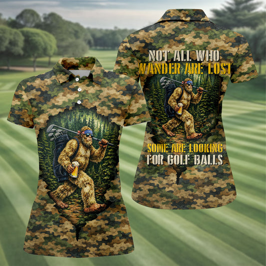 Maxcorners Camo Bigfoot Golfer Drinking Beer Polo Shirt, Golf Shirts For Women, Women’s Golf Apparel LM1507