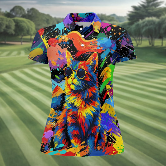 Maxcorners Colorful Cat Sunglasses Paint Splash Golf Shirt, Women's Golf Tops, Performance Golf Shirt LM1507