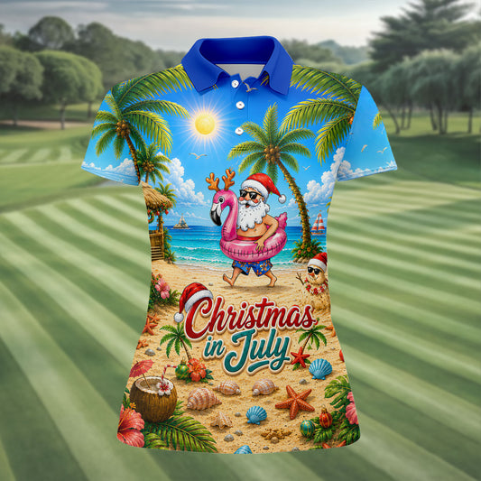 Maxcorners Santa Christmas In July Beach Golf Shirt, Christmas Golf Shirt, Women’s Golf Polo LM1507