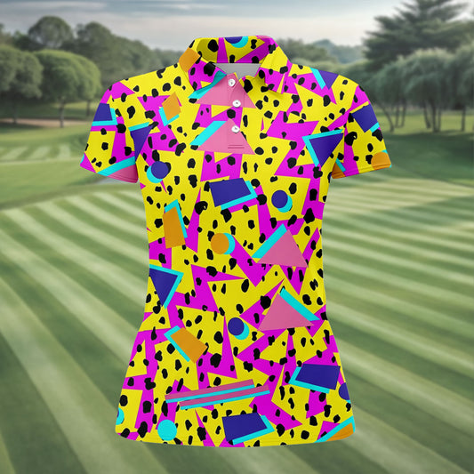 Maxcorners Retro 80s Neon Geometric Shapes Yellow Golf Shirt, Ladies Golf Tops, Golf Polo For Women, Women’s Golf Apparel LM1507