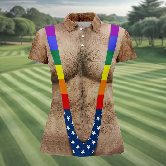 Maxcorners Funny Hairy Chest Rainbow Suspenders Golf Polo, Golf Shirts For Women, Women's Golf Apparel LM1507