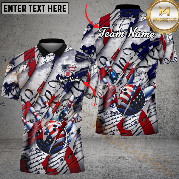 Maxcorners American Patriot Bowling Jersey Customized Name, Team Name 3D Polo Shirt