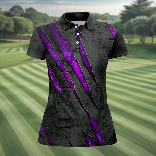 Maxcorners Purple Claw Marks Hawaiian Golf Shirt, Scratch Print Women's Golf Tops, Ladies Golf Shirts LM1507