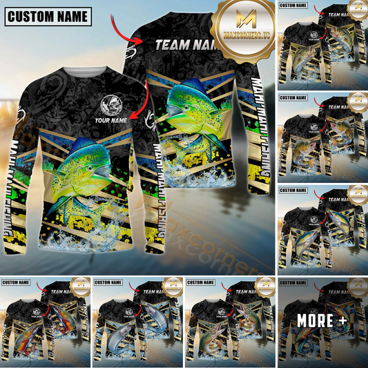 Maxcorners Fishing Black Gold Splash Dynamic Pattern Personalized Name, Team Name Long Sleeve Shirt (9 Breeds)