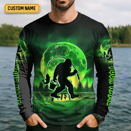 Maxcorners Gone Squatchin And Catchin Bigfoot Neon Green Color Funny Fishing Shirt, SPF Shirt For Men, Presents For Fishermen