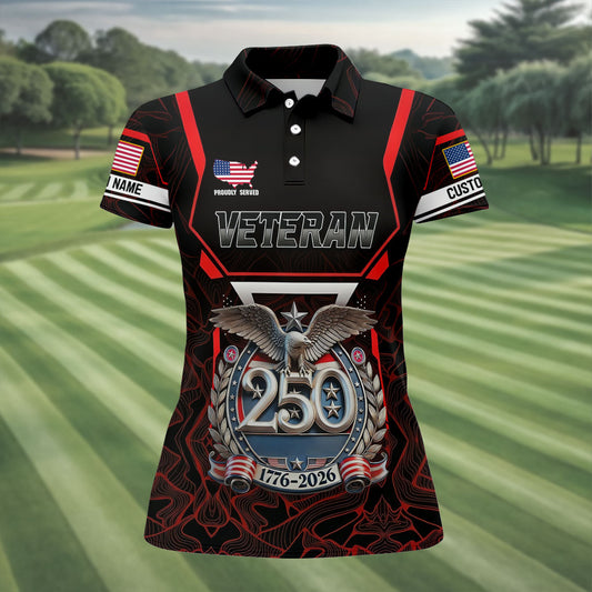 Maxcorners Personalized Veteran America 250 Polo Shirt Red Accent, Performance Golf Shirt, Golf Tops For Women LM1507
