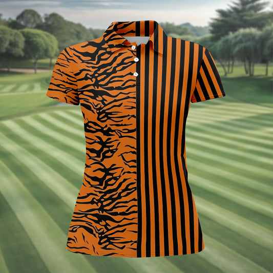 Maxcorners Orange Tiger Stripe Split Pattern Golf Shirt, Women's Golf Tops, Ladies Golf Shirts, Printed Golf Shirt LM1507