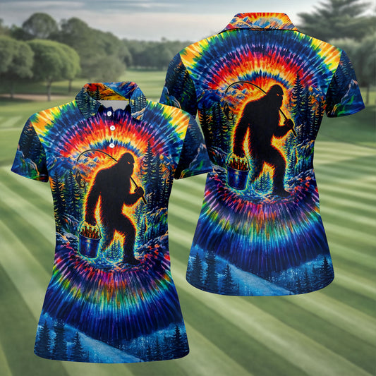 Maxcorners Tie Dye Bigfoot Fishing Forest Golf Shirt, Women’s Golf Apparel, Golf Tops For Women LM1507
