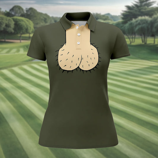 Maxcorners Olive Green Funny Dickhead Faux Chest Golf Shirt, Golf Tops For Women, Women’s Golf Apparel LM1507