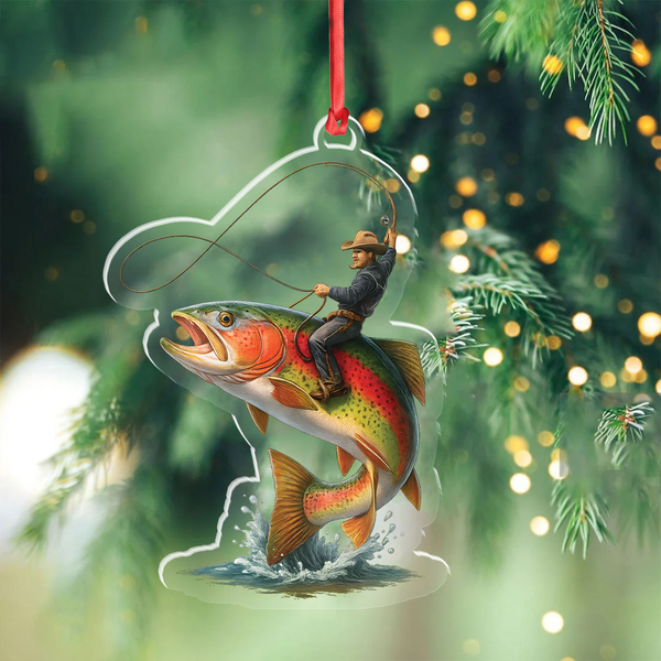 Maxcorners Personalized Funny Fishing Acrylic Ornament - Cowboy Riding Fish Christmas Decoration for Fishermen LM0411