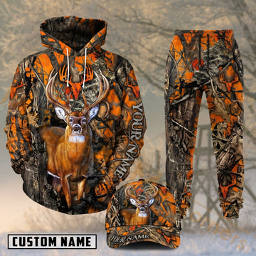Maxcorners Hunting Whitetail Buck Blaze Orange Camo Personalized 3D Combo Hoodie, Sweatpants Set & Cap
