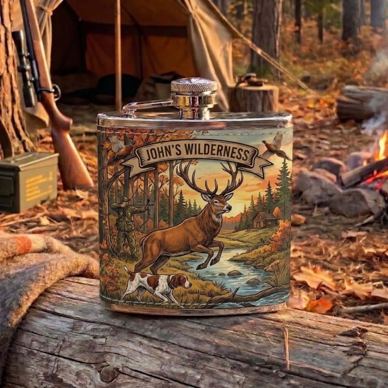 Maxcorners Hunting Deer Wilderness Mountain River Scene Personalized Name 3D Hip Flask