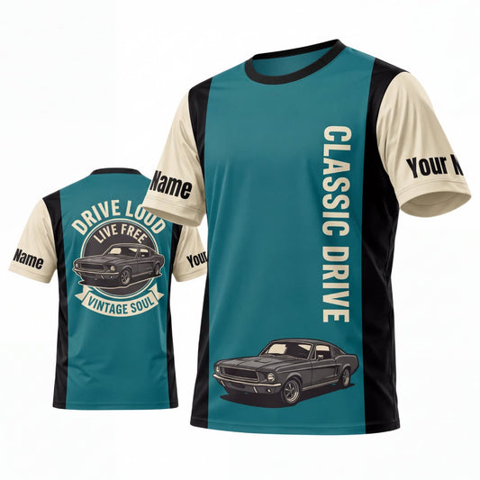 Maxcorners Personalized Car Classic Muscle Car 3D T-Shirt – Teal Cream Classic Drive and Vintage Sports Car