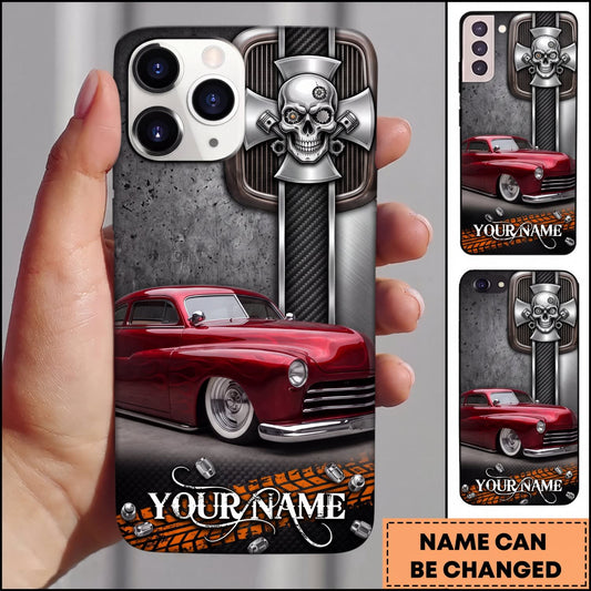 Maxcorners Classic Car Red Vintage Muscle Car and Chrome Skull Personalized Name 3D Phone Case