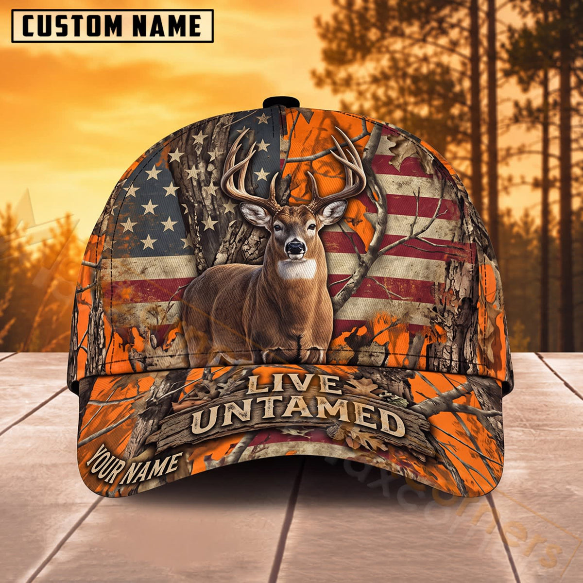 Maxcorners Deer Hunting American Flag Live Untamed Personalized Name 3D Cap