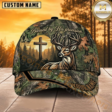 Maxcorners Deer Hunting Whitetail Deer Skull Sunset Cross Woodland Camo Customized Name 3D Cap