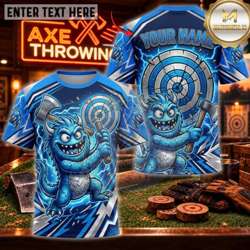 Maxcorners Axe Throwing Electric Blue Skull Bullseye Personalized Name 3D Unisex Shirt