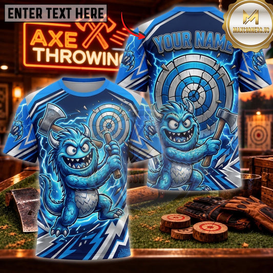 Maxcorners Axe Throwing Electric Blue Skull Bullseye Personalized Name 3D Unisex Shirt