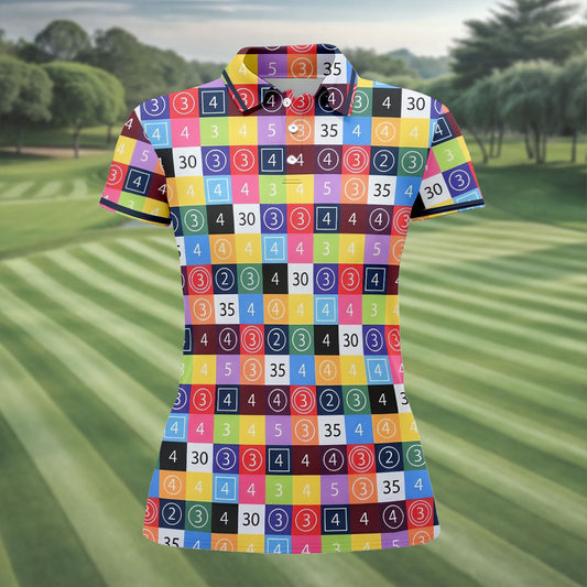 Maxcorners Colorful Golf Scorecard Pattern Polo Shirt, Ladies Golf Shirts, Women’s Golf Apparel LM1507