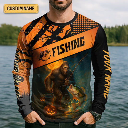 Maxcorners Bigfoot Halloween Fishing UPF Shirts, Fish Button Up Shirt, Fisherman Gift, Bass Fishing