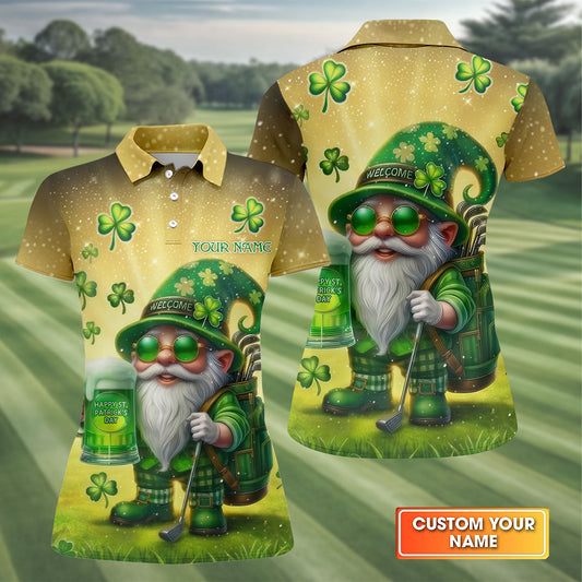 Maxcorners Happy St Patrick's Day Shamrock Gnome Golf And Beer Women's Golf Tops, Ladies Golf Polos