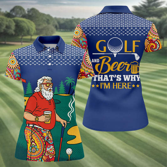 Maxcorners Funny Bearded Golfer With Beer And Paisley Sleeves Golf Polo, Golf Tops For Women, Ladies Golf Top LM1507