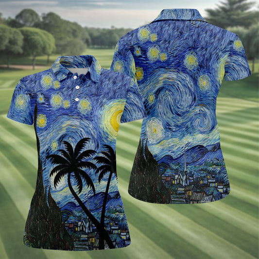 Maxcorners Van Gogh Starry Night Tropical Palm Tree Golf Shirt, Golf Polo For Women, Printed Golf Shirt LM1507
