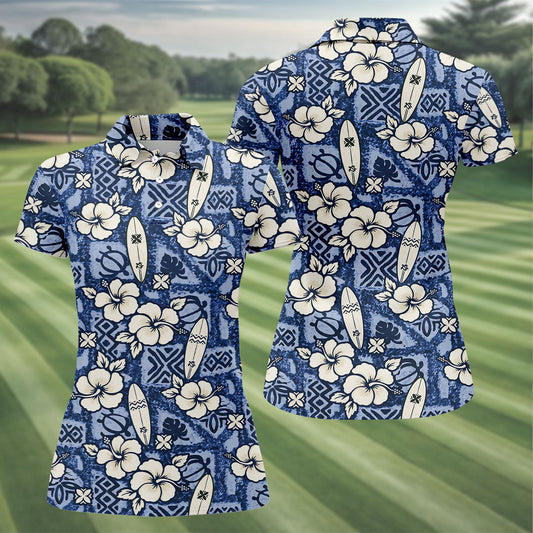 Maxcorners Blue Hawaiian Surfboard Hibiscus Golf Shirt, Women's Golf Shirt, Hawaiian Golf Shirt, Golf Polo For Women LM1507