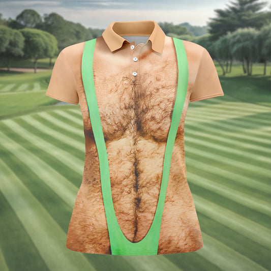 Maxcorners Funny Hairy Chest Illusion Golf Polo Shirt, Women's Golf Tops, Printed Golf Shirt LM1507