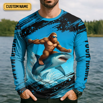Maxcorners Just A Casual Day With Bigfoot And His Shark Fishing UPF Shirts, Funny Fishing Shirt, Presents For Fishermen