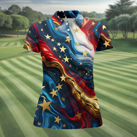Maxcorners Abstract American Flag Stars Golf Polo Shirt, Women’s Golf Polo, Performance Golf Shirt LM1507